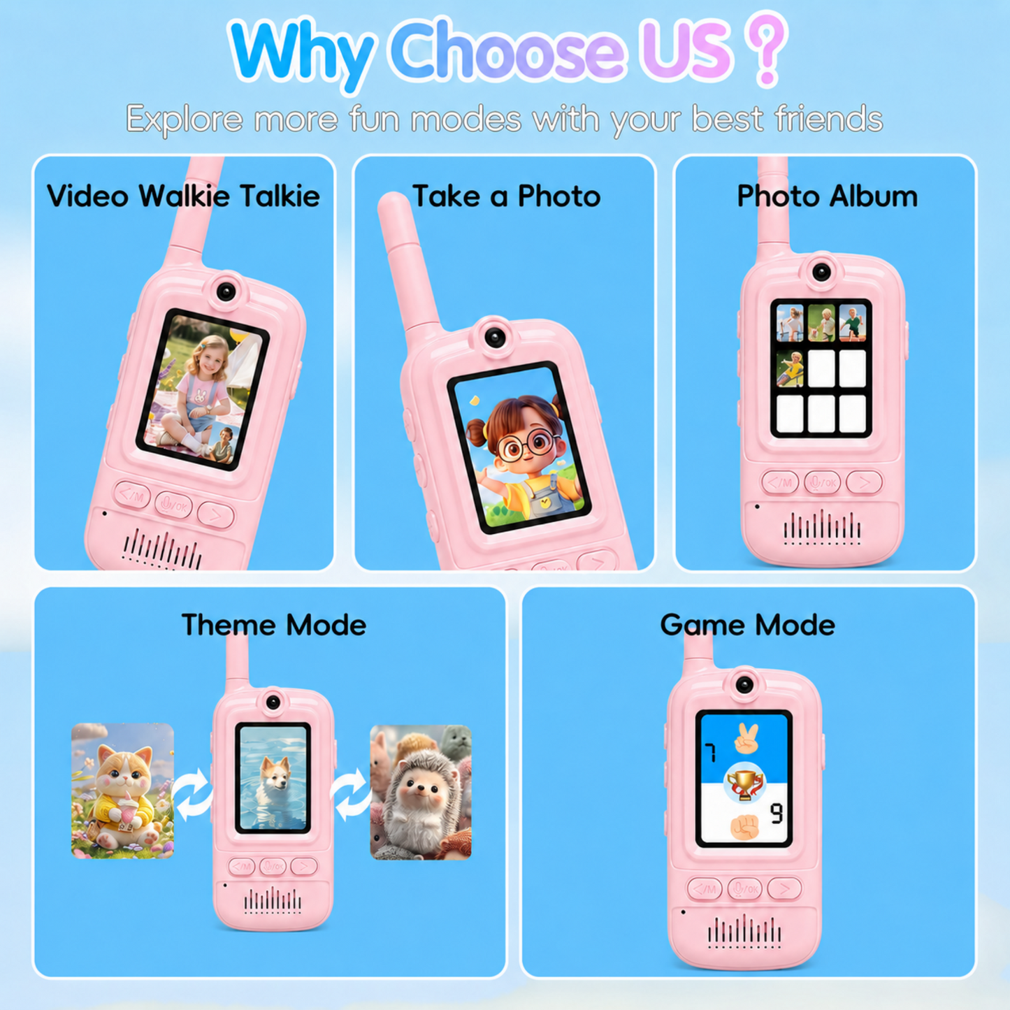 Multifunctional Video Walkie Talkies for Kids, Rechargeable Walkie Talkies with Camera & Message Storage, Long-Range Two-Way Radios for Indoor Outdoor Play, Boys & Girls Ages 3–12 (Pink/Pink)