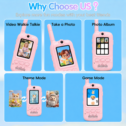 Multifunctional Video Walkie Talkies for Kids, Rechargeable Walkie Talkies with Camera & Message Storage, Long-Range Two-Way Radios for Indoor Outdoor Play, Boys & Girls Ages 3–12 (Pink/Pink)