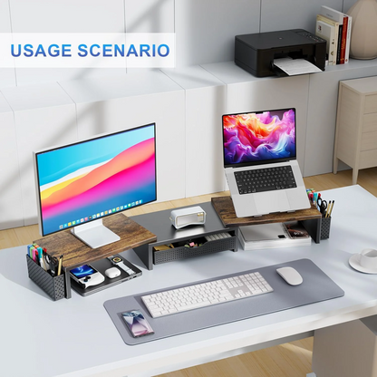MEHOOM Dual Monitor Stand Riser, Desk Organizer With Drawer and 2 Pen Holders,Computer Monitor Stand, Desk Shelf for Top of Desk, Wood