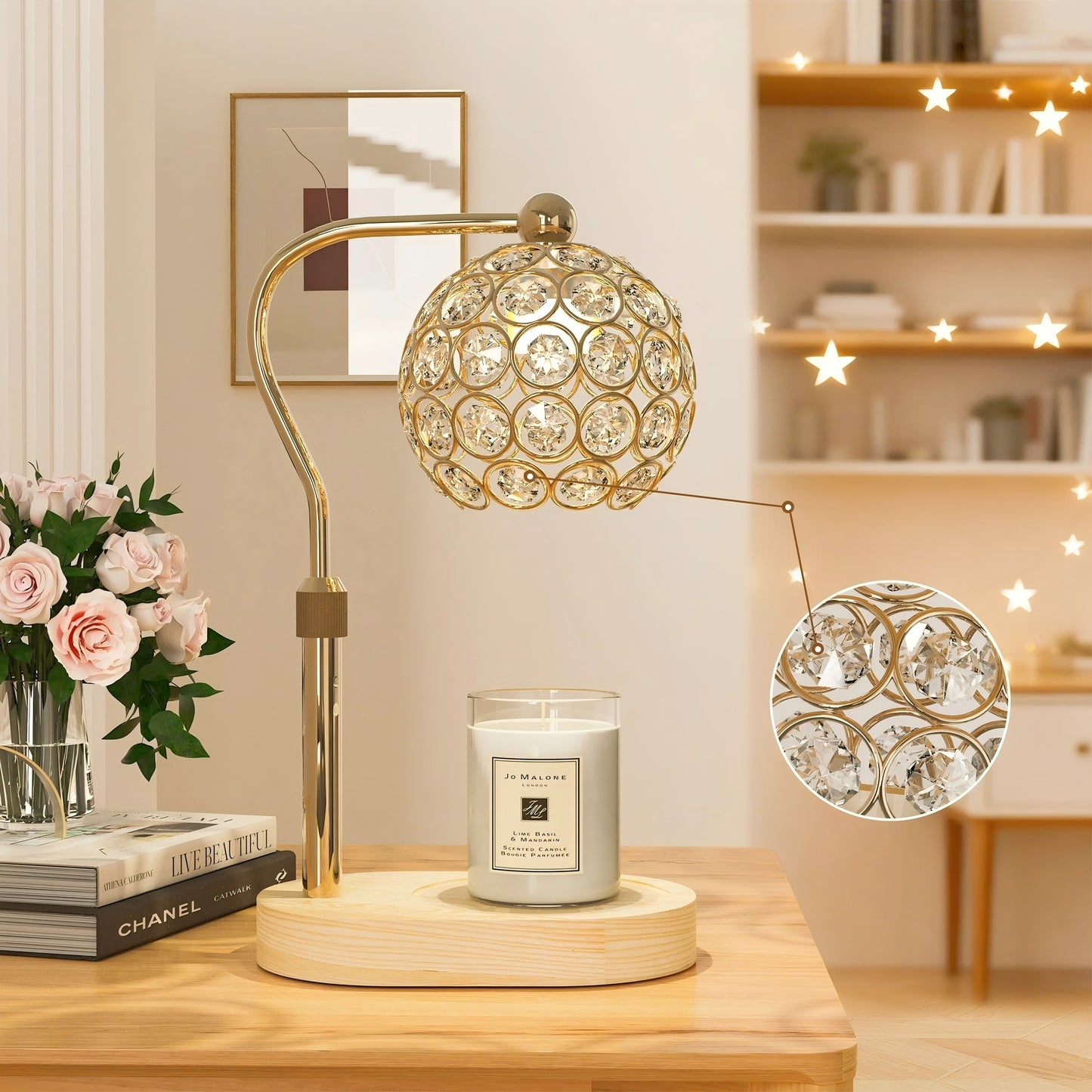 MEHOOM Crystal Candle Warmer Lamp with Dimmer Timer, Adjustable Height Warmer for Jar Candles, with 2 Bulbs, Home Decor Gifts for Bedroom Living Room