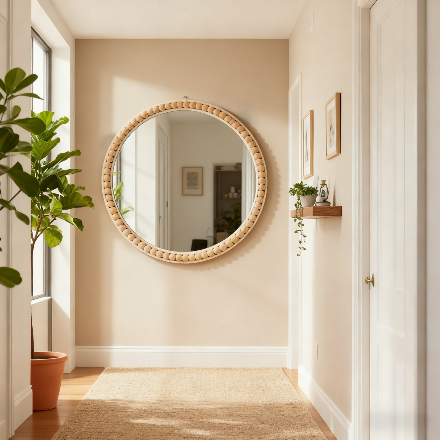 MEHOOM 17" Round Wall Mirror, Boho Hanging Round Mirror, Wall Decor for Bedroom, Bathroom, Living Room, Beige