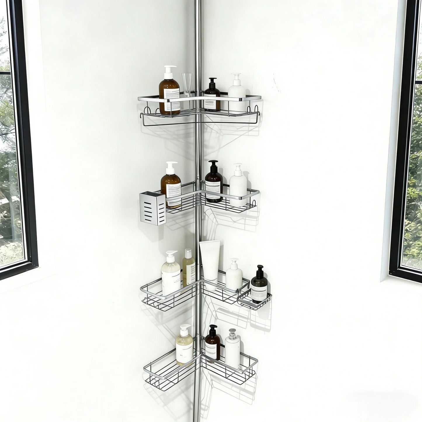 MEHOOM 4-Tier Corner Shower Caddy with Tension Pole, Adjustable 30–120 inch, No-Drill Shower Organizer with Hooks, Soap Holder & Toothbrush Cup, Rustproof Bathroom Caddy (Silver)