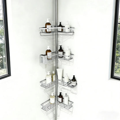 MEHOOM 4-Tier Corner Shower Caddy with Tension Pole, Adjustable 30–120 inch, No-Drill Shower Organizer with Hooks, Soap Holder & Toothbrush Cup, Rustproof Bathroom Caddy (Silver)