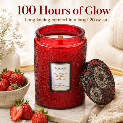 MEHOOM Strawberry Wood Wick Scented Candle, 20oz Large Beeswax & Soy Blend, Clean Burning 100-Hour Candle, Cozy Gift for Home Decor