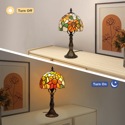 MEHOOM Sunflower Tiffany Style Table Lamp with Stained Glass Lamp Shade, LED 3 Color,Auto Timer Dimmable,Bedroom, Living Room