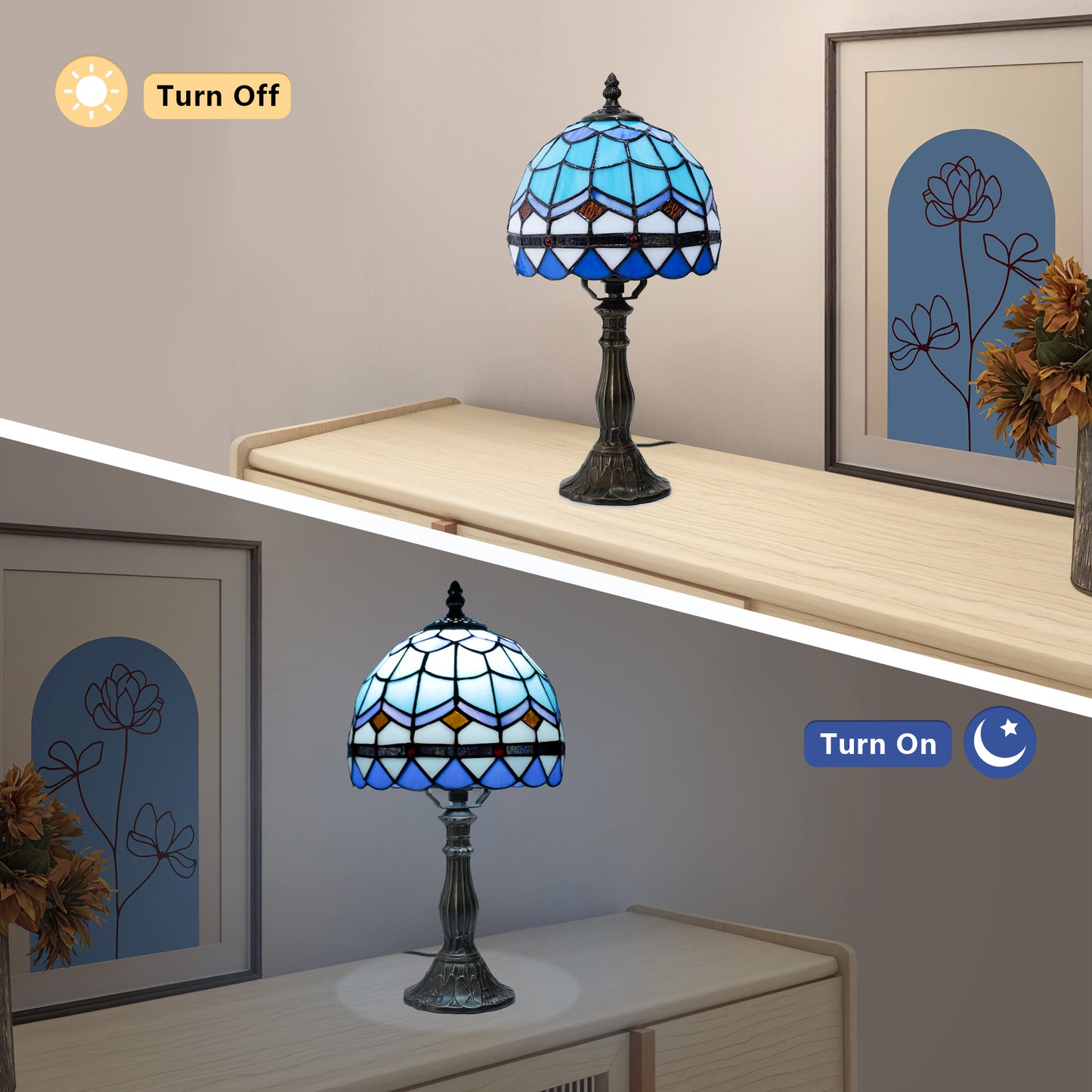 MEHOOM Tiffany Style Table Lamp with Stained Glass Lamp Shade, LED 3 Color,Auto Timer Dimmable,Bedroom, Living Room