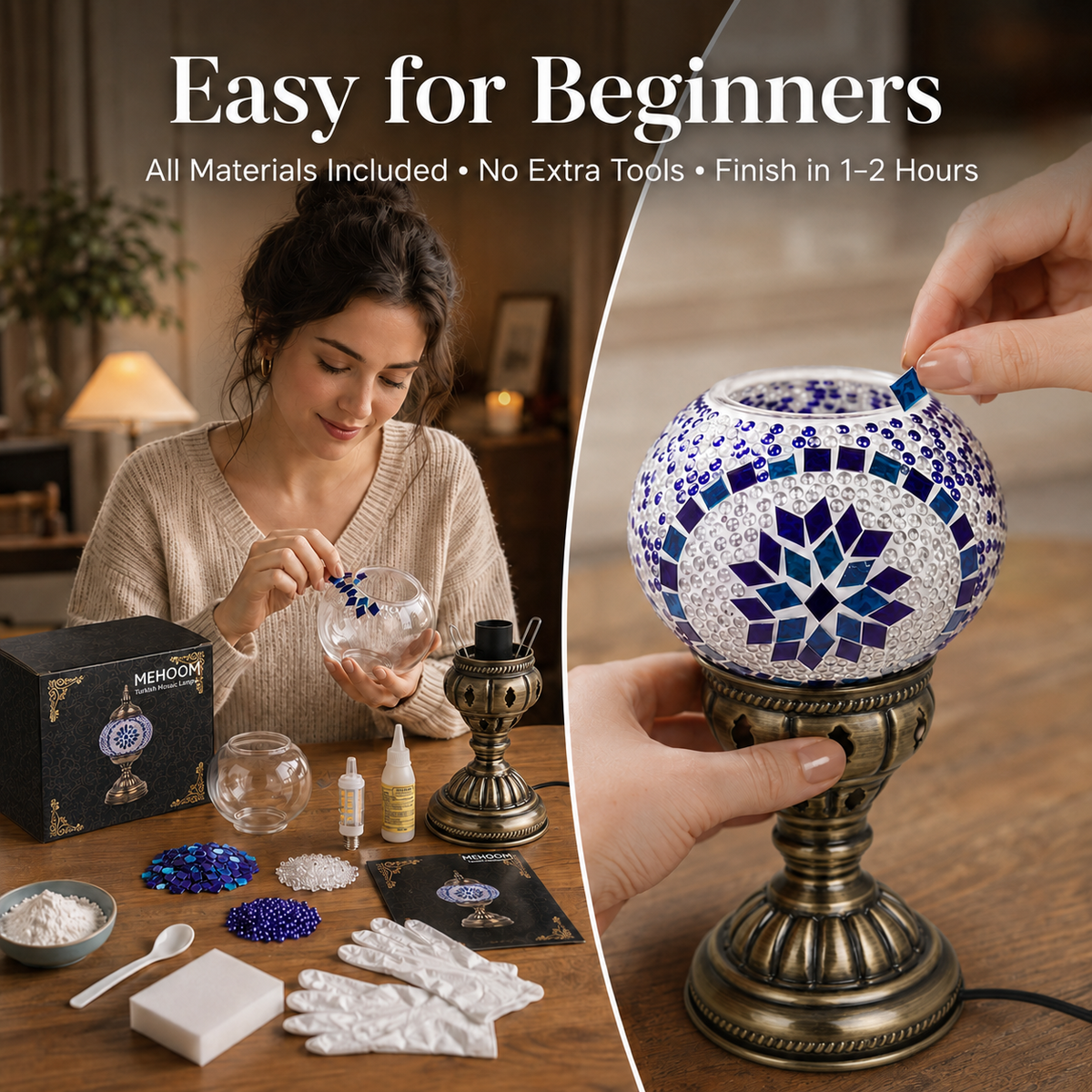 MEHOOM Classic DIY Mosaic Lamp Kit,Turkish Crafts Kit for Adult,Moroccan Decor, Perfect Gift for Her or Him