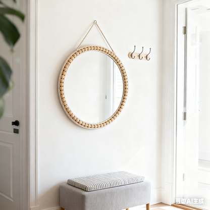 MEHOOM 20" Round Wall Mirror, Boho Hanging Round Mirror, Wall Decor for Bedroom, Bathroom, Living Room, Beige