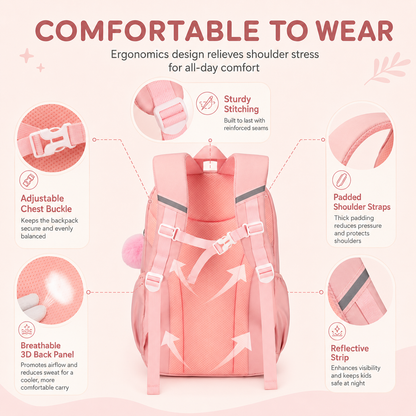 MEHOOM Girls Backpack for School, Kids Bookbag for Girls, Kawaii School Bag with Clear Display Pocket, Large Capacity Elementary Middle School Backpack, Pink