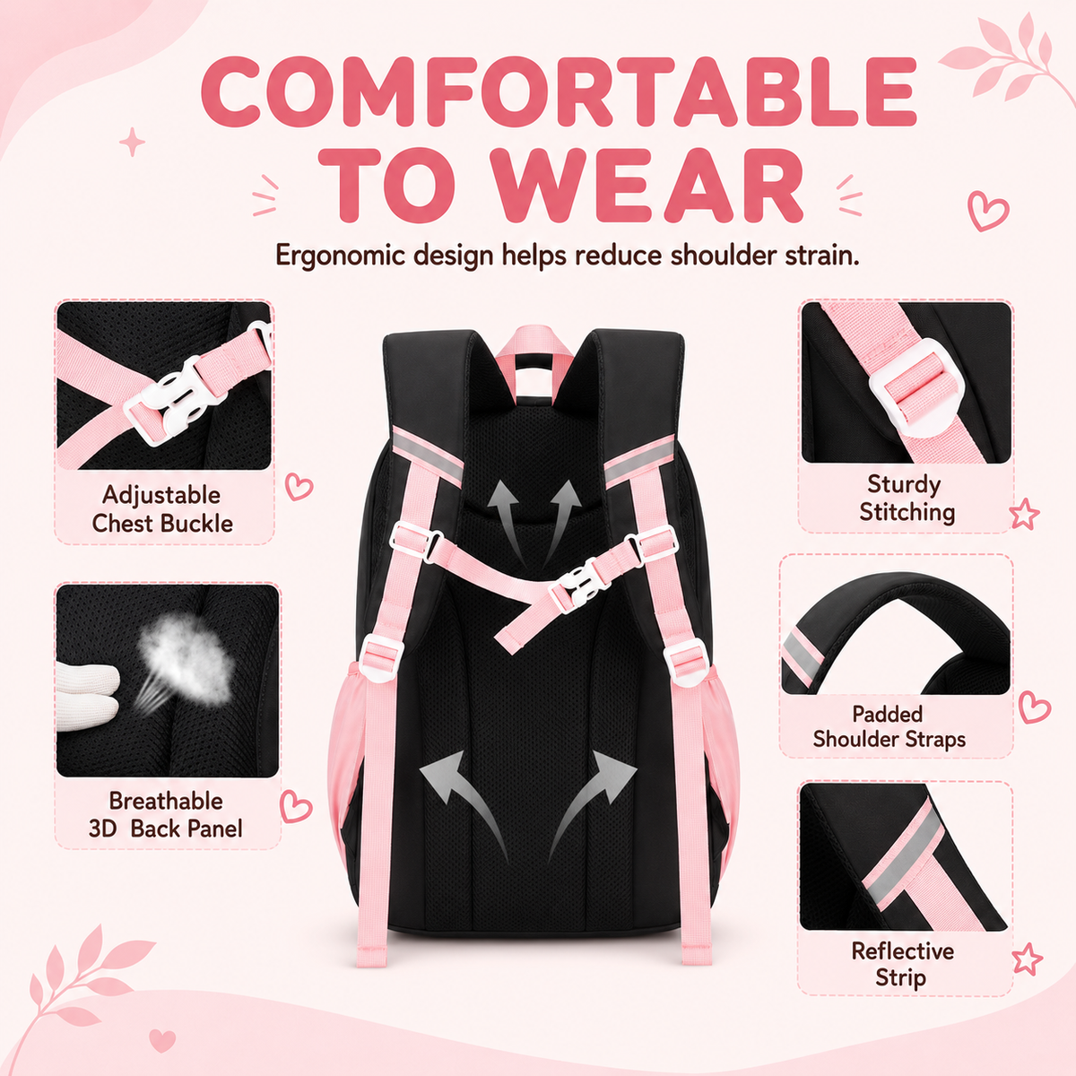 MEHOOM Girls Backpack for School, Kids Bookbag for Girls, Kawaii School Bag with Clear Display Pocket, Large Capacity Elementary Middle School Backpack, Black Pink