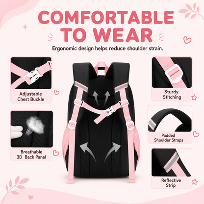 MEHOOM Girls Backpack for School, Kids Bookbag for Girls, Kawaii School Bag with Clear Display Pocket, Large Capacity Elementary Middle School Backpack, Black Pink