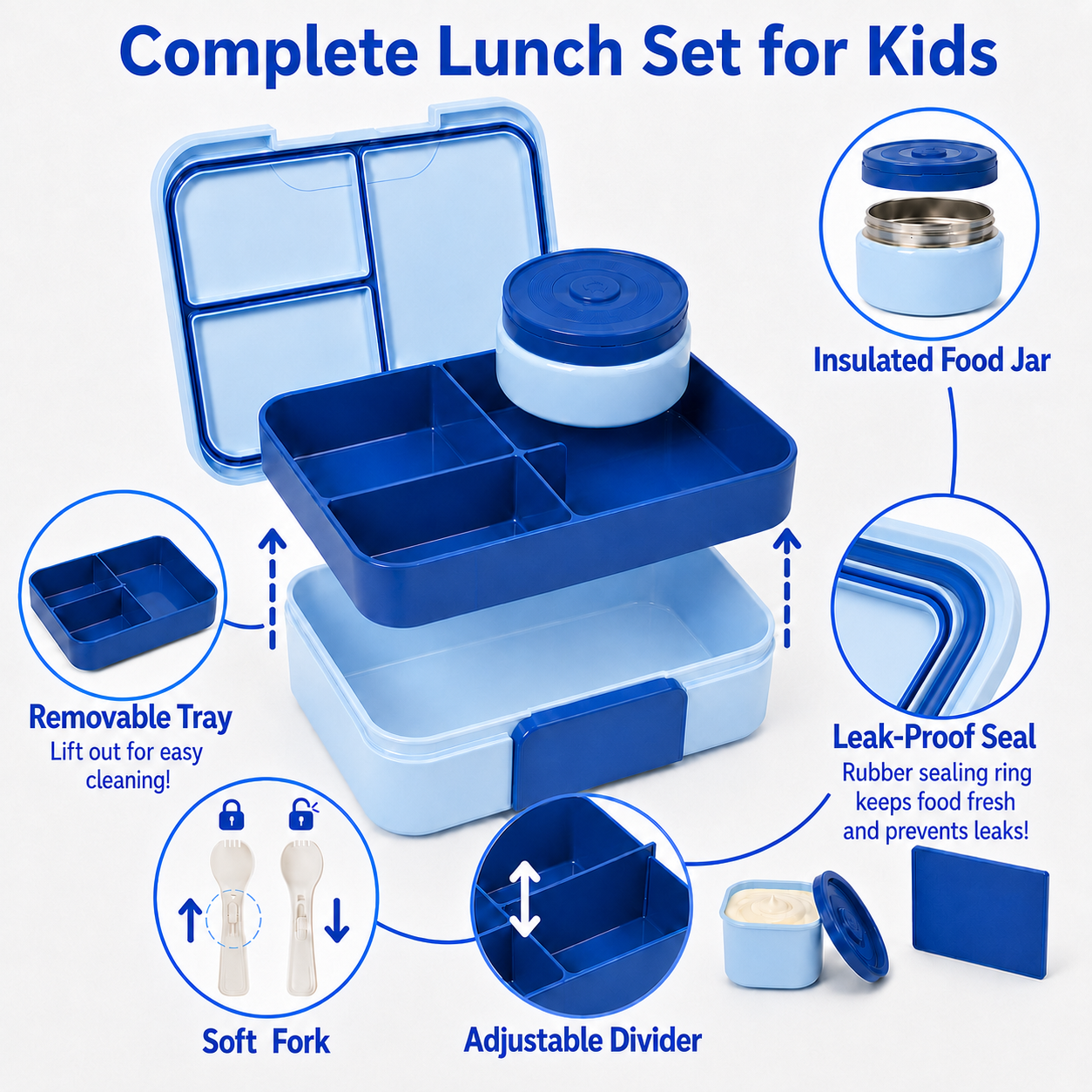 MEHOOM Kids Lunch Box with Thermos Food Jar, Bento Box for Kids with Removable Tray, Adjustable Divider, Soft Fork, Leak-Proof School Lunch Box for Daycare, Picnic, Travel, Blue
