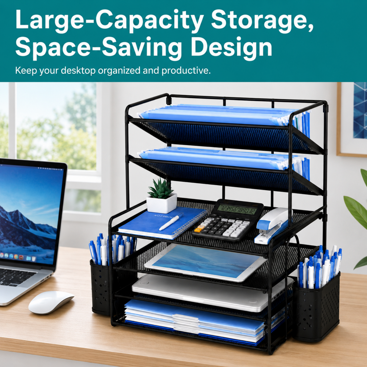 MEHOOM 6-Tier Desk Organizer, Metal File Organizer with Letter Tray Paper Organizer, Desktop Document & Mail Organizer, Office Supplies Organizer with 2 Pen Holders, Office Desk Accessories for Home,