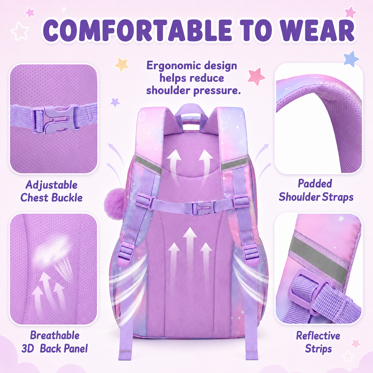 MEHOOM Girls Backpack for School, Kids Bookbag for Girls, Kawaii School Bag with Clear Display Pocket, Large Capacity Elementary Middle School Backpack, Purple Gradient