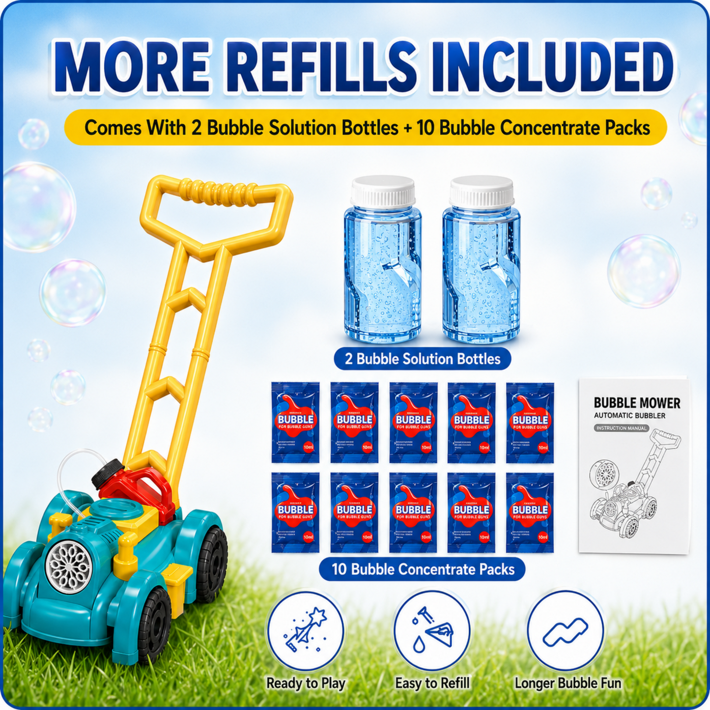 MEHOOM Light Bubble Machine for Kids, Bubbles Lawn Mower with 12 Refill Packs, Outdoor Auto Bubble Blowing Toy with for Toddlers Boys Girls Age 3-10,Blue