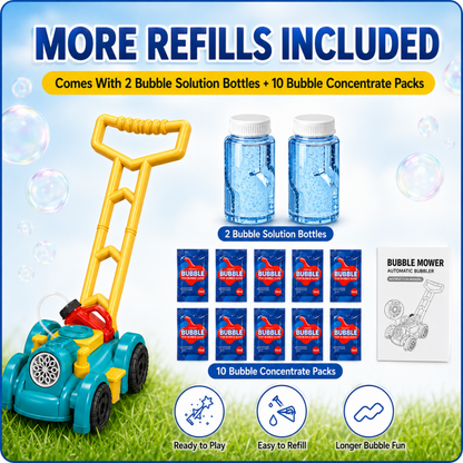 MEHOOM Light Bubble Machine for Kids, Bubbles Lawn Mower with 12 Refill Packs, Outdoor Auto Bubble Blowing Toy with for Toddlers Boys Girls Age 3-10,Blue