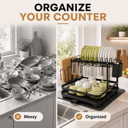 MEHOOM 2-Tier Dish Drying Rack for Kitchen Counter, Stainless Steel Dish Rack & Dish Drainer with Auto Drainage, Absorbent Mat, Cup Holder, Black