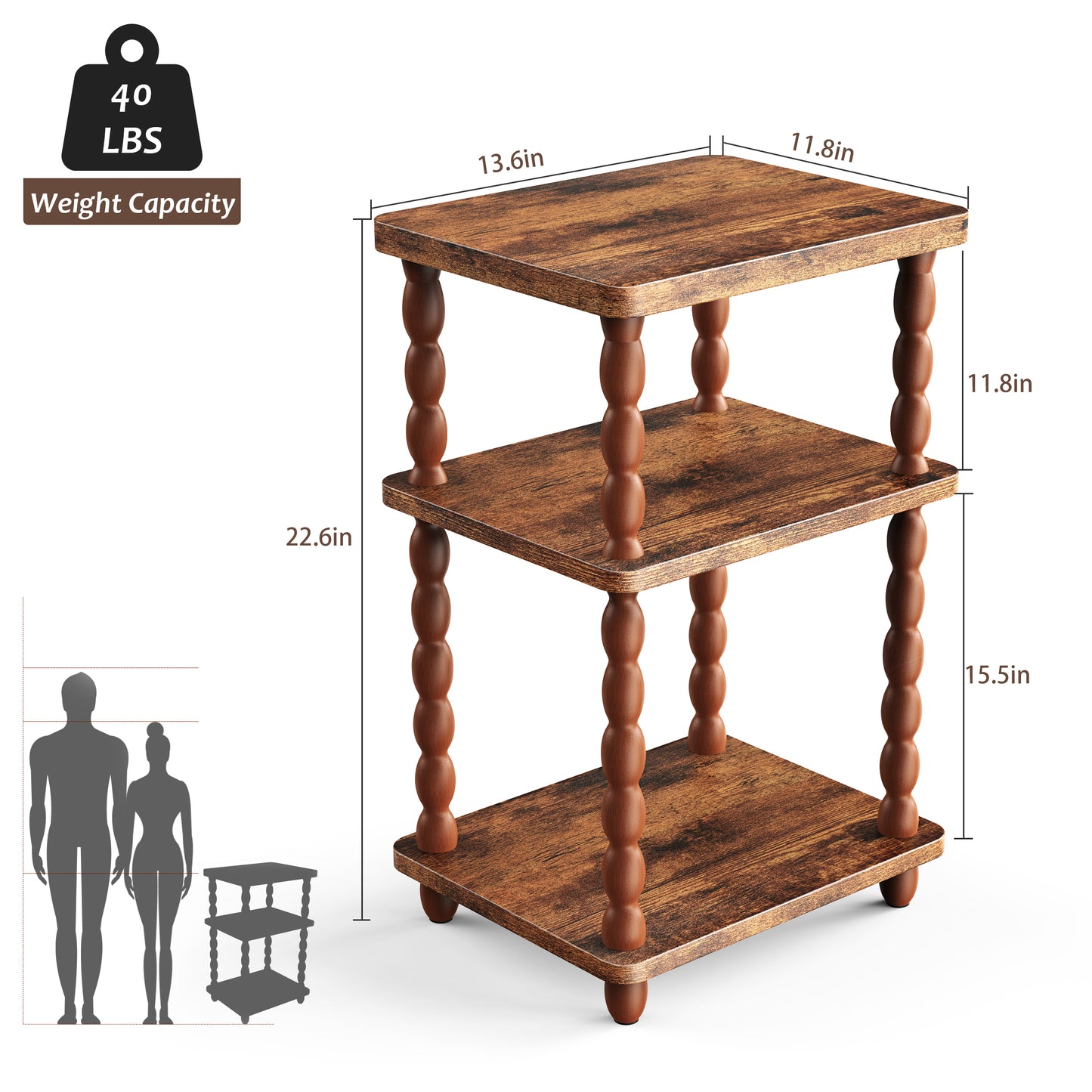 MEHOOM 3-Tier Side Table, Nightstand with Storage, Vintage Accent Table Small End Table for Living Room and Bedroom
