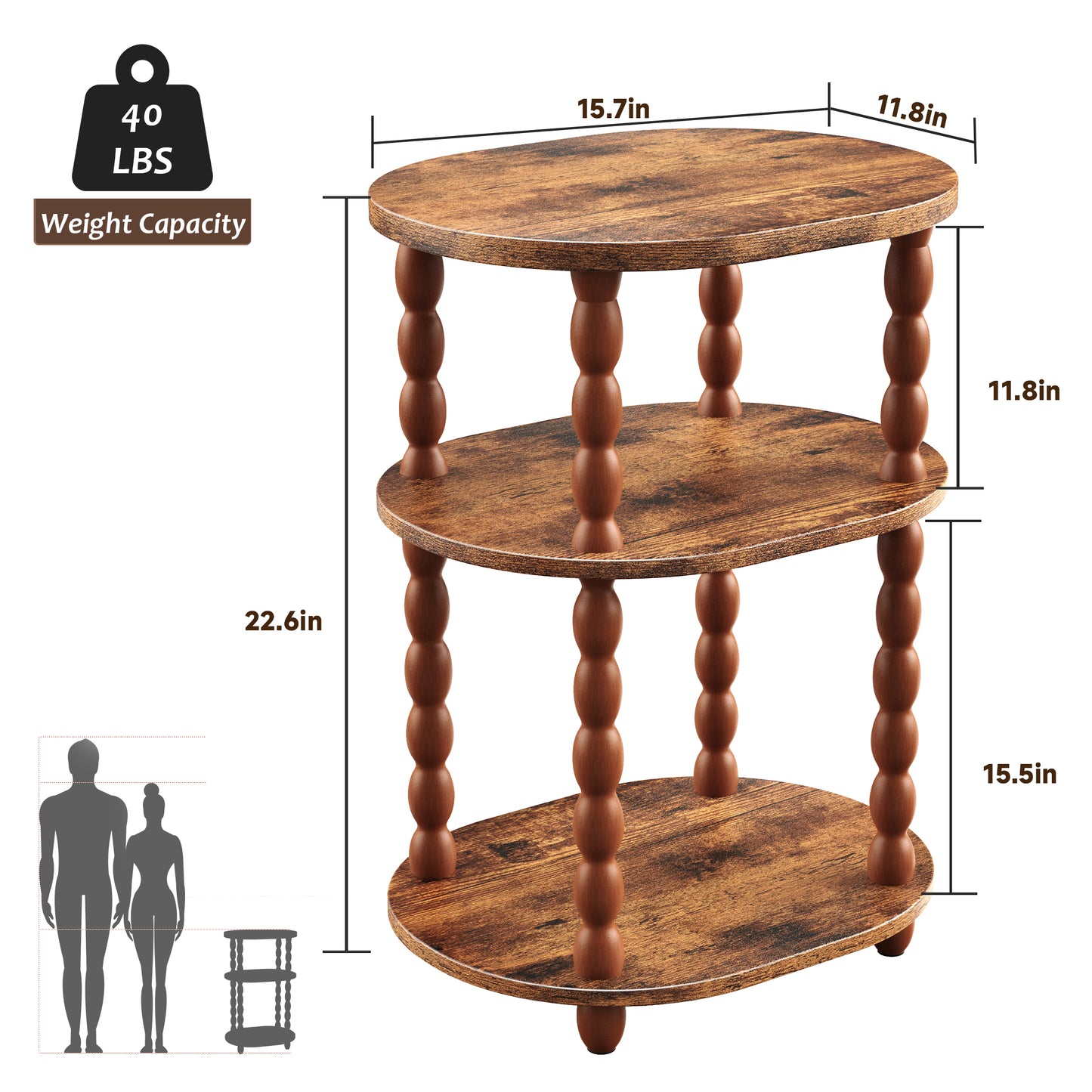 MEHOOM 3-Tier Side Table, Small End Table for Living Room and Bedroom, Vintage Accent Table Nightstand with Storage