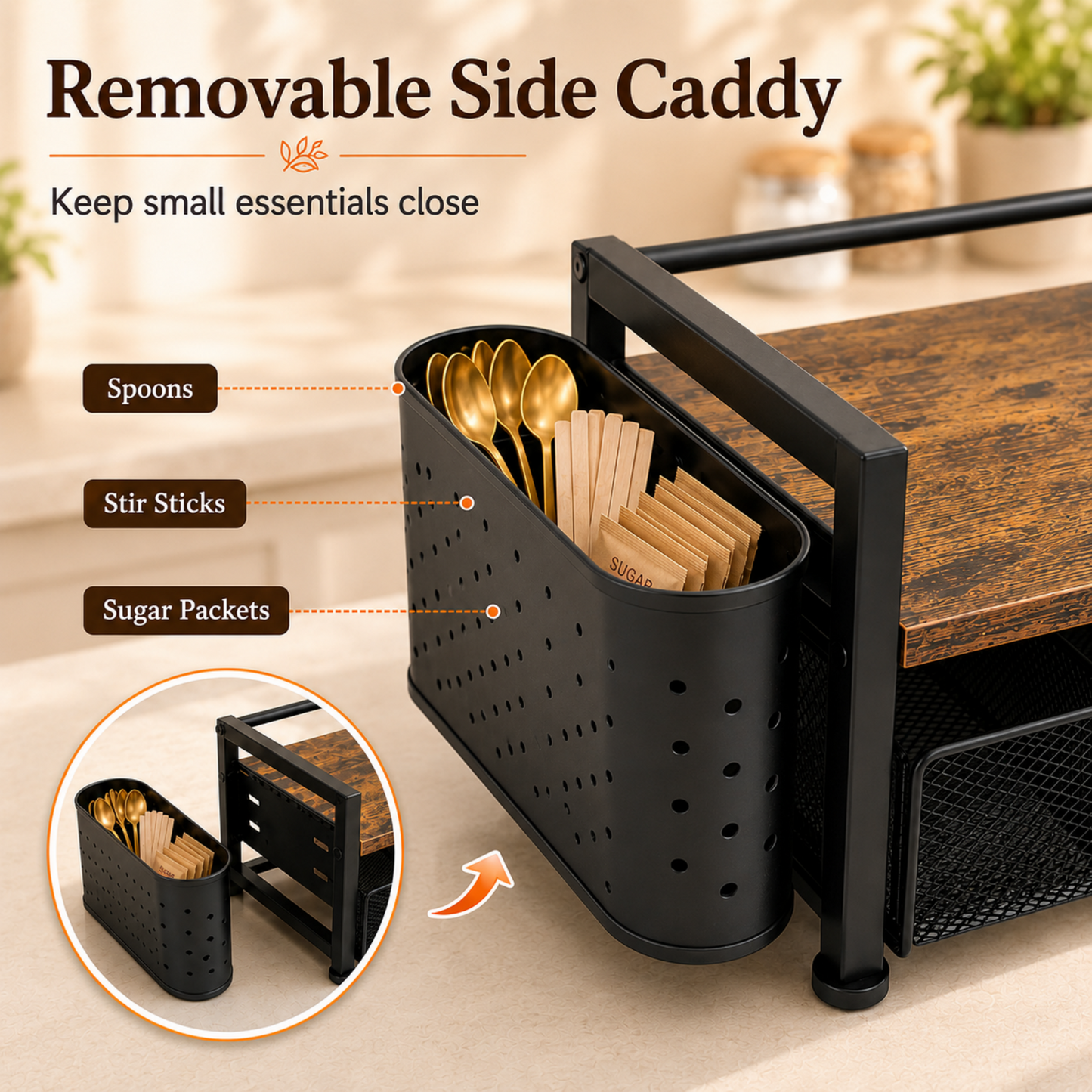 MEHOOM Tea Bag Organizer Kitchen Storage Box, Wood and Metal Tea Holder with Drawer, Countertop Tea Station Chest Display Container, Rustic Brown