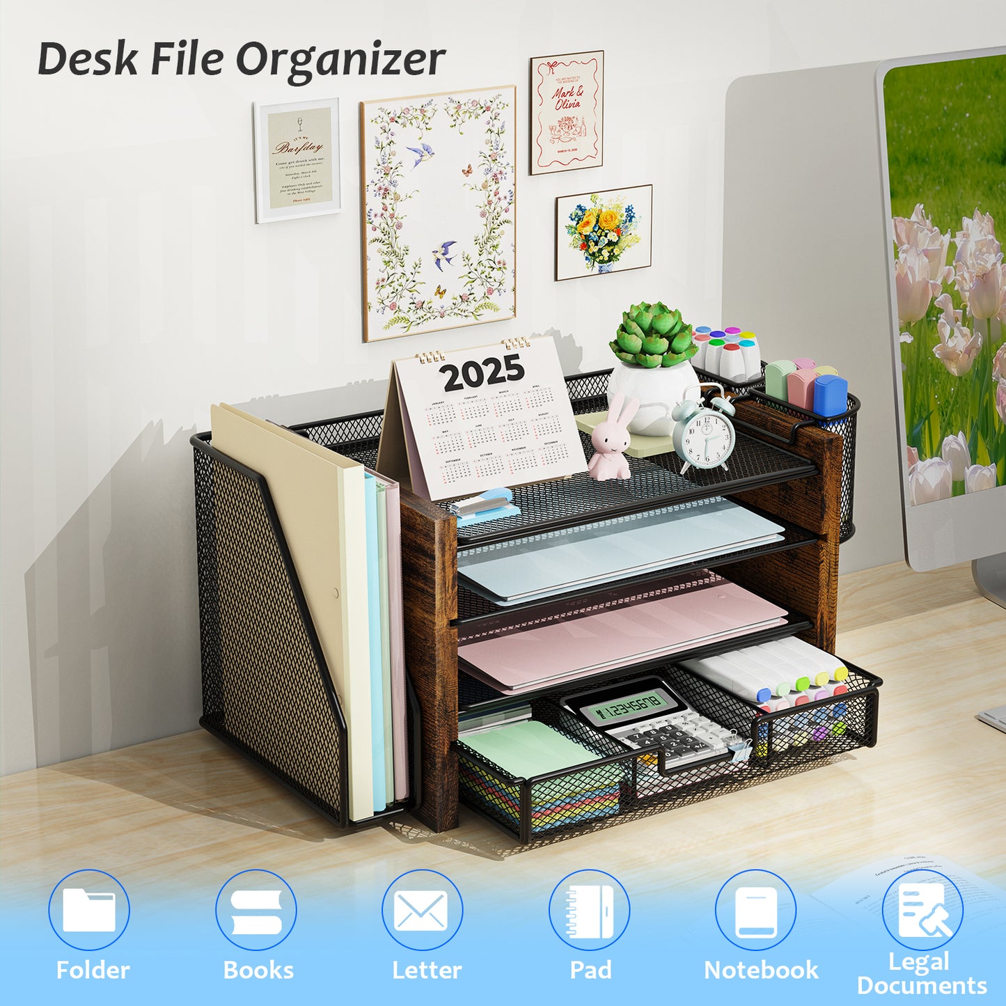 MEHOOM Desk Organizer with File Holder,4-Tier Desk File Organizer with Drawer and 2 Pen Holders, Office Desk Accessories, File Sorters, Workspace Organizers for Office Supplies