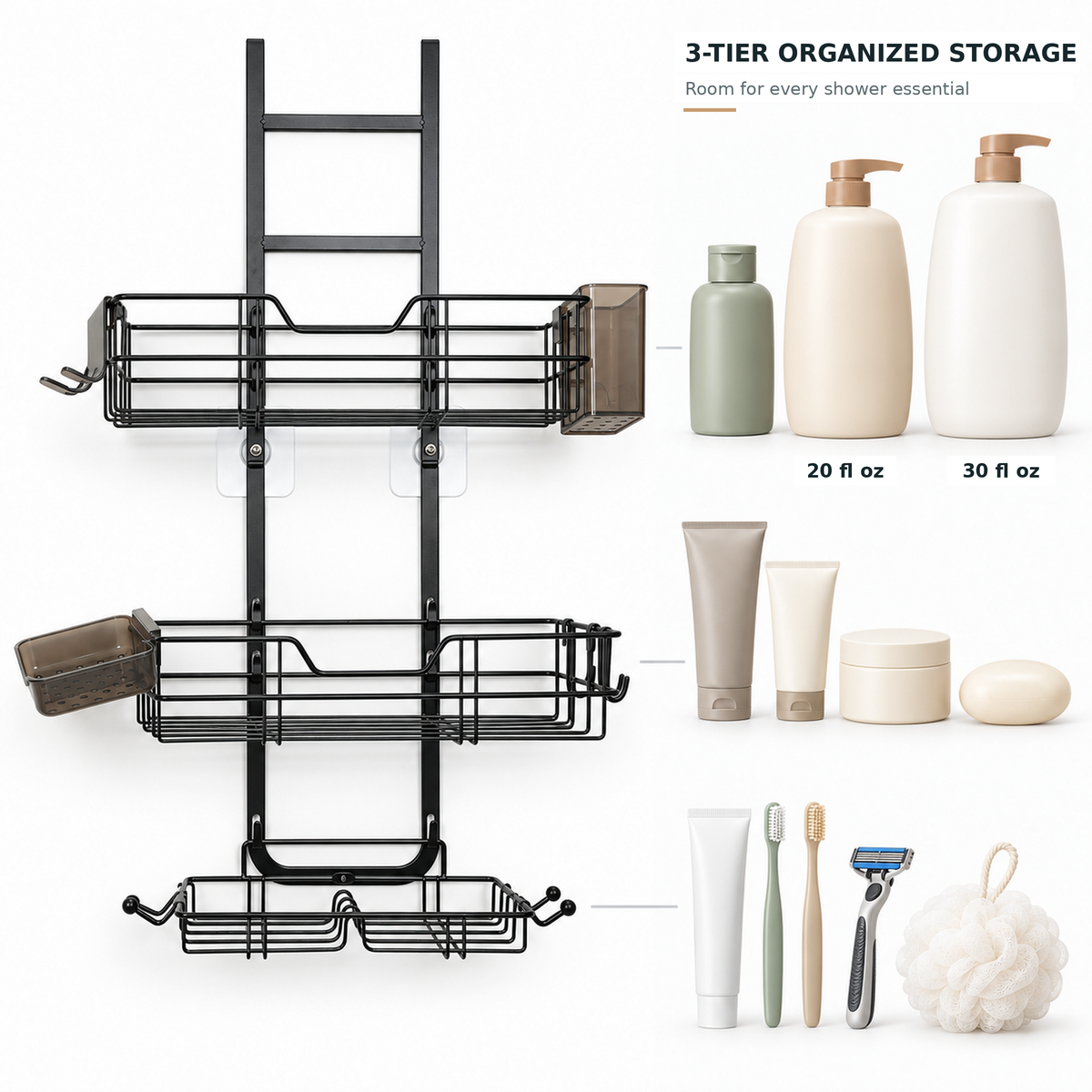 MEHOOM 3-Tier Over the Door Shower Caddy for Glass Door, No-Drill Hanging Shower Organizer with Soap Dish, Razor Holder, Hooks, Black
