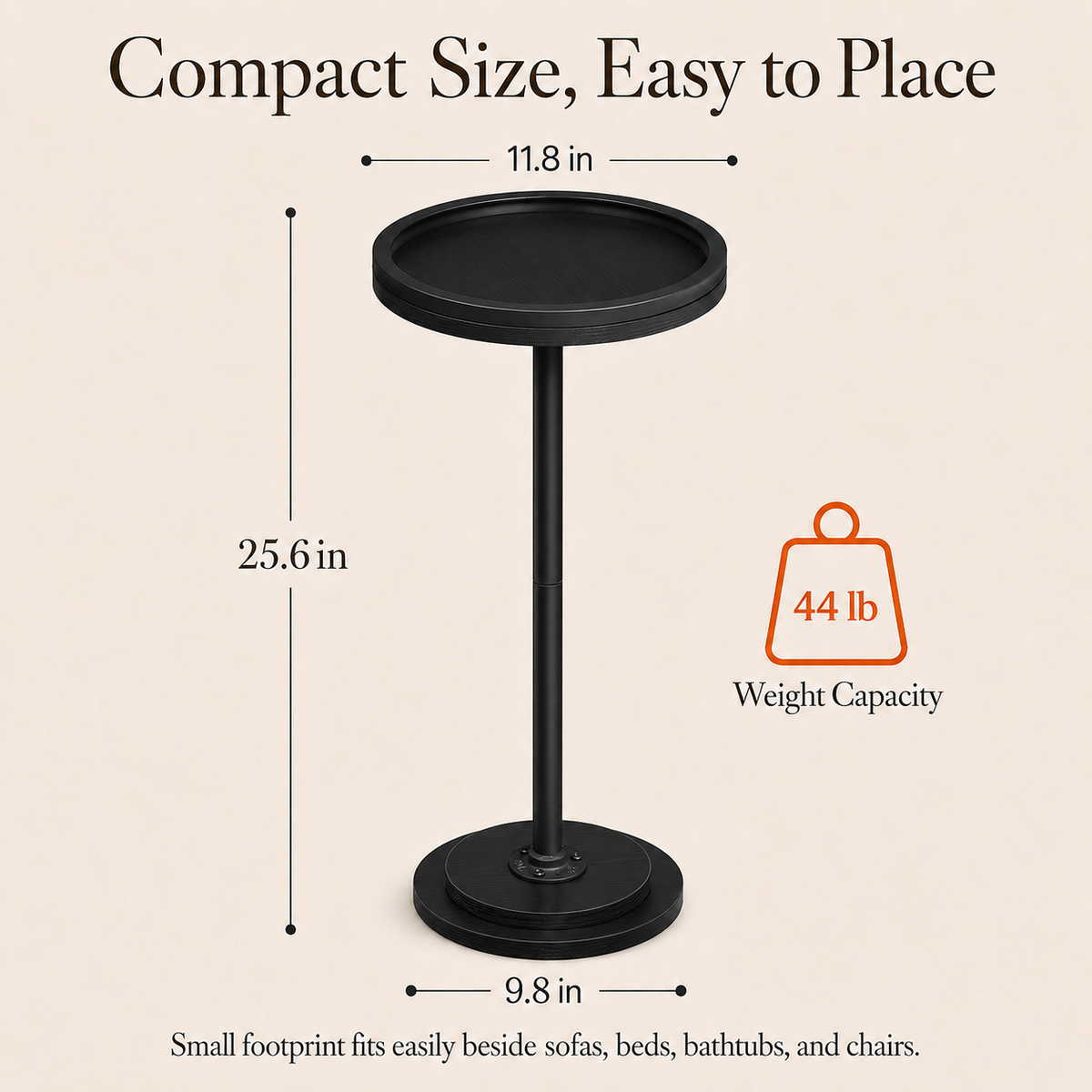MEHOOM Round Side Table, Black Drink Table for Small Spaces, Modern Accent End Table for Living Room, Bedroom