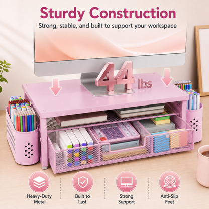 MEHOOM Desk Organizer, 3-Tier Monitor Stand with Storage and 2 Pen Holder, Laptop Stand, Office Desk Accessories for Office Supplies, Pink