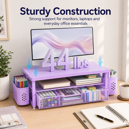 MEHOOM Desk Organizer, 2-Tier Monitor Stand with Storage and 2 Pen Holder, Laptop Stand, Office Desk Accessories for Office Supplies, Purple