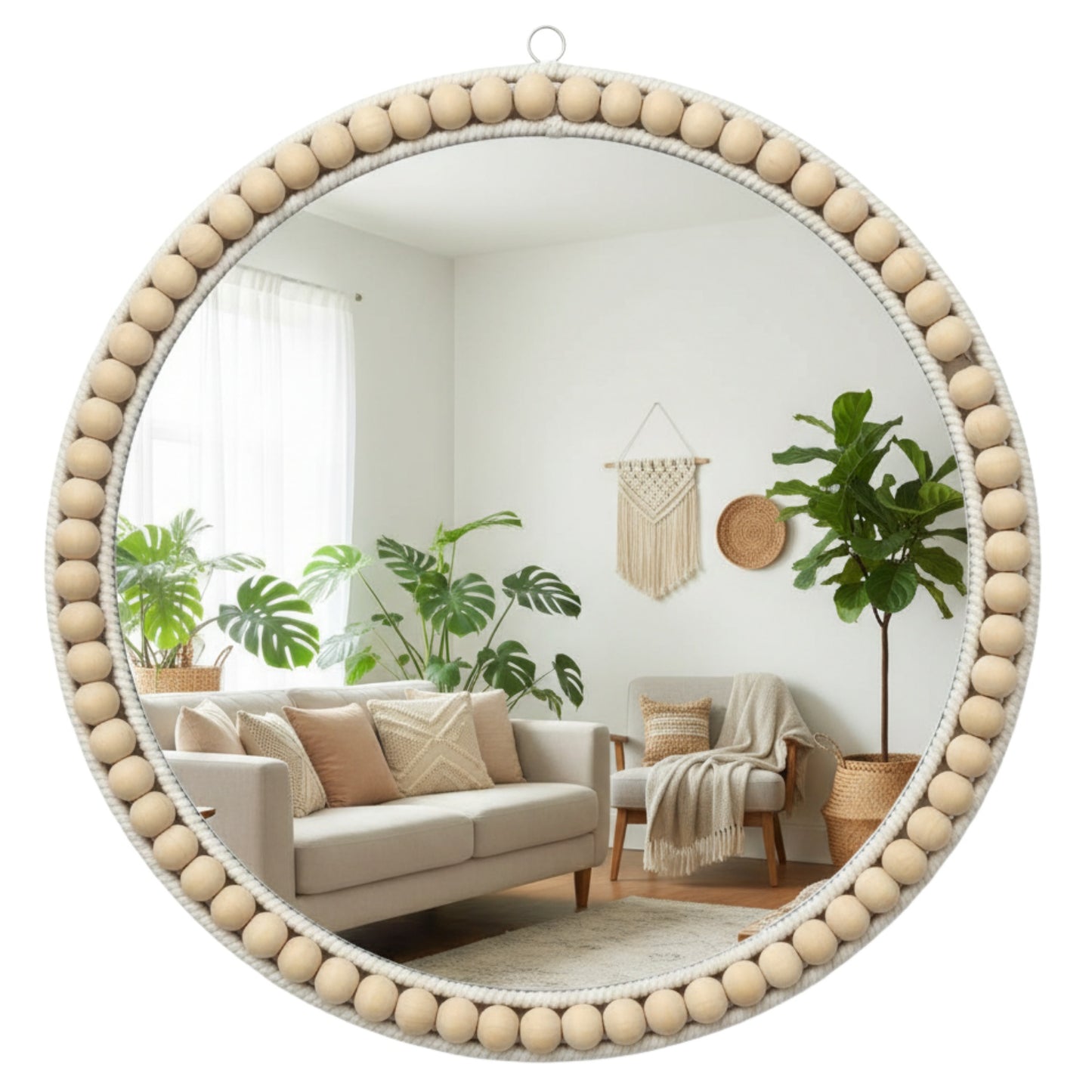 MEHOOM 15" Round Wall Mirror, Boho Hanging Round Mirror, Wall Decor for Bedroom, Bathroom, Living Room, Beige