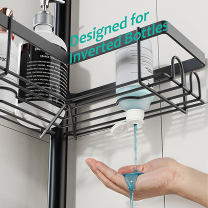 MEHOOM 4-Tier Corner Shower Caddy with Tension Pole, Adjustable 30–120 inch, No-Drill Shower Organizer with Hooks, Soap Holder & Toothbrush Cup, Rustproof Bathroom Caddy (Black)
