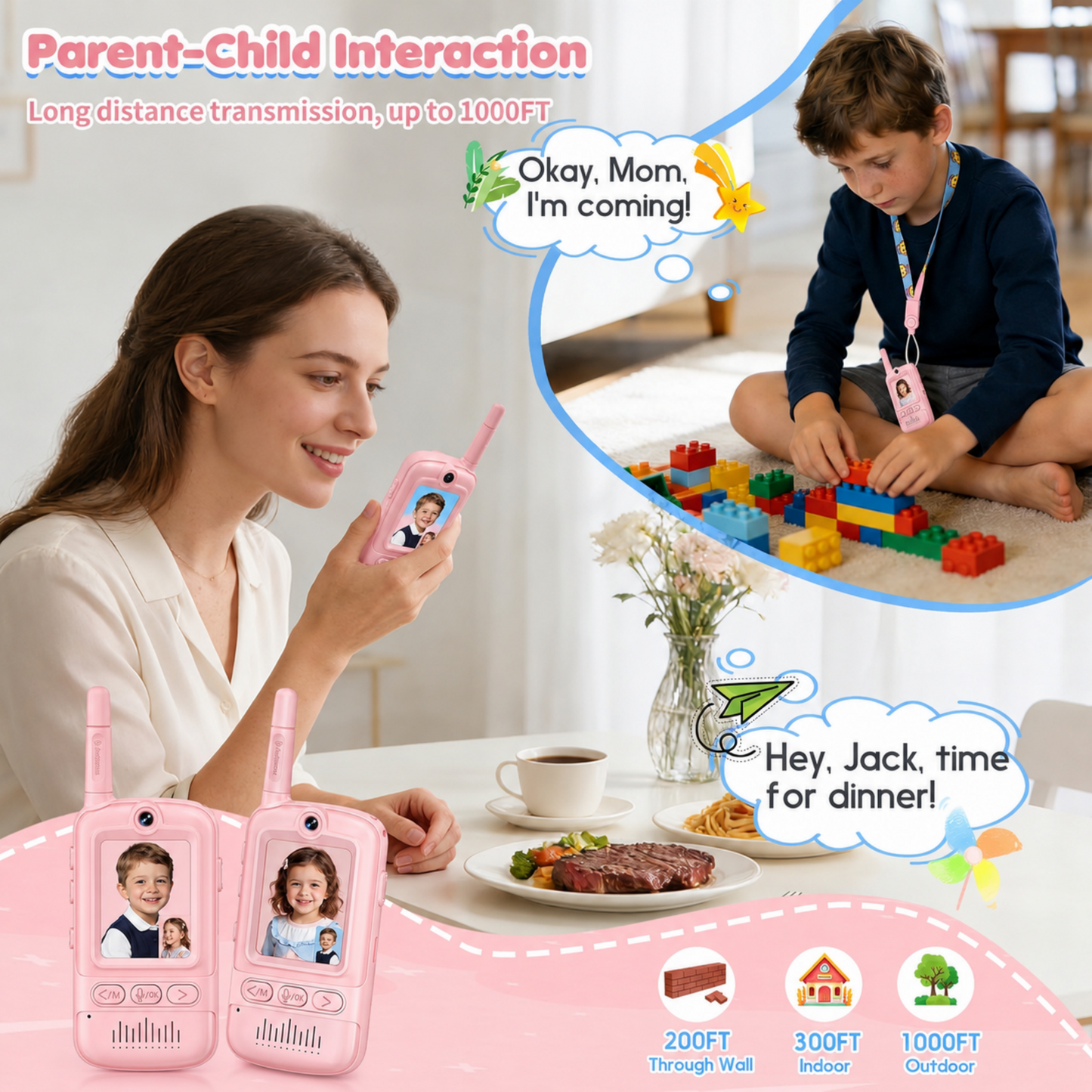 Multifunctional Video Walkie Talkies for Kids, Rechargeable Walkie Talkies with Camera & Message Storage, Long-Range Two-Way Radios for Indoor Outdoor Play, Boys & Girls Ages 3–12 (Pink/Pink)