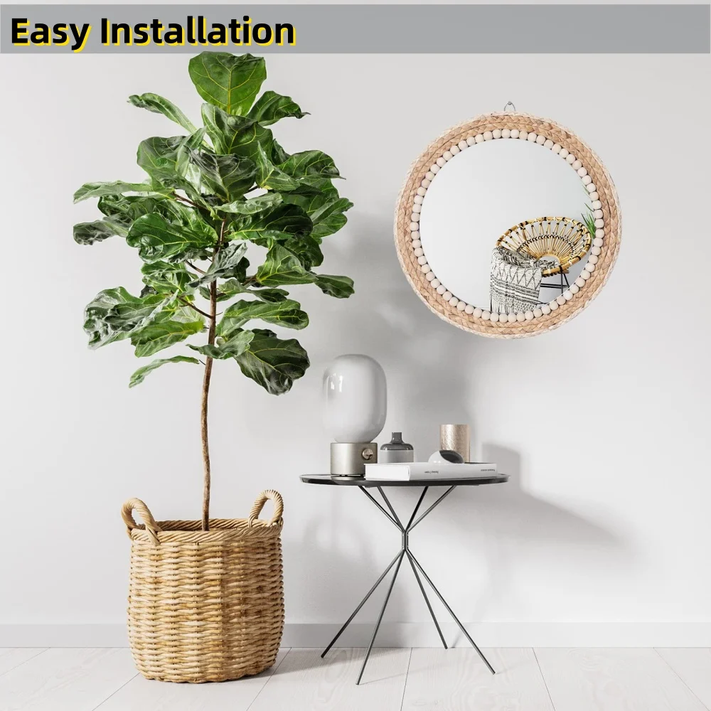 MEHOOM 20" Round Boho Wall Mirror, Rattan Hanging Mirror for Bedroom, Living Room, Farmhouse Decor