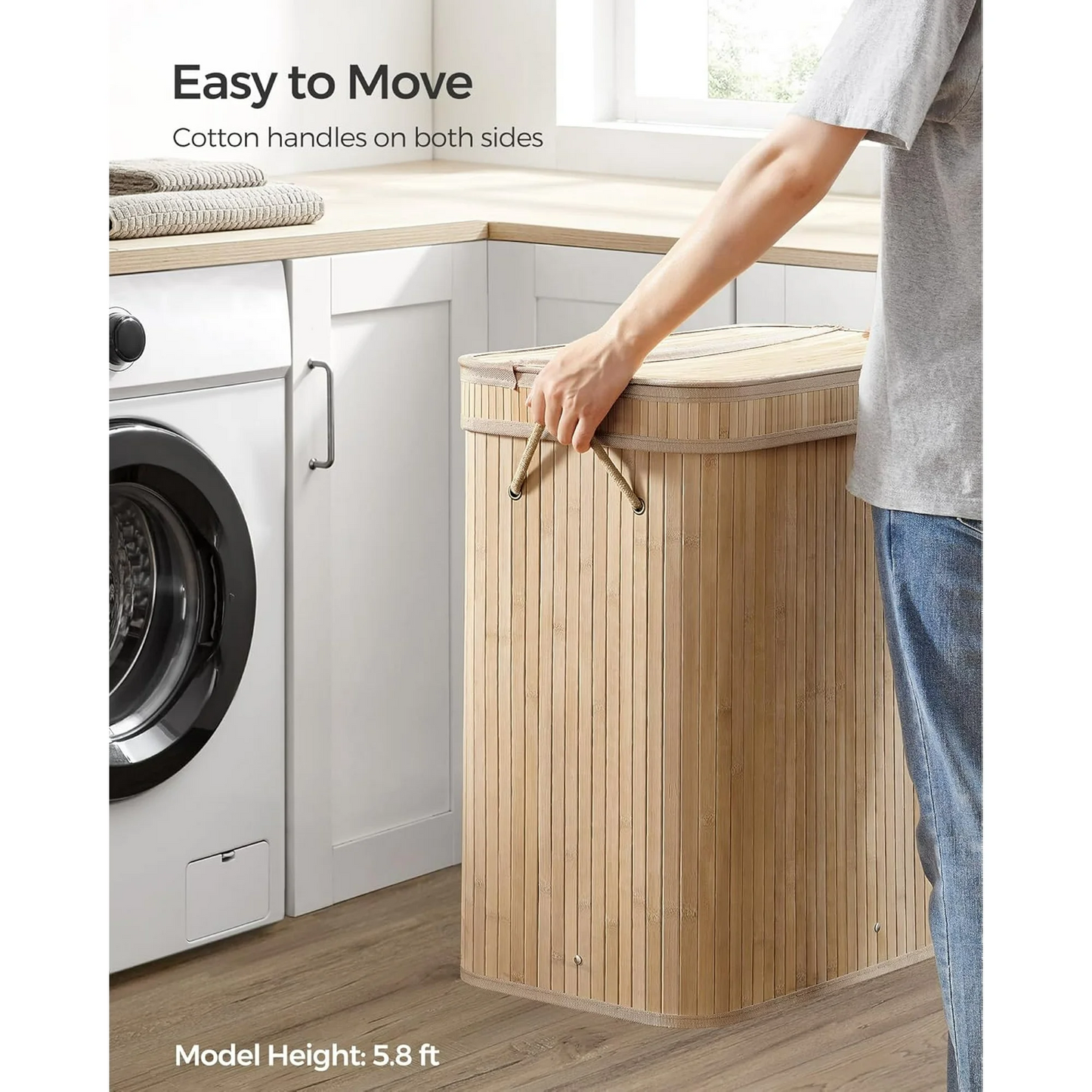 XGVGI Foldable Laundry Hamper with Lid, 100L Large Bamboo Clothes Basket with Removable Liner & Handles, Tall Rectangular Hamper for Bedroom, Bathroom, Small Spaces (Natural)