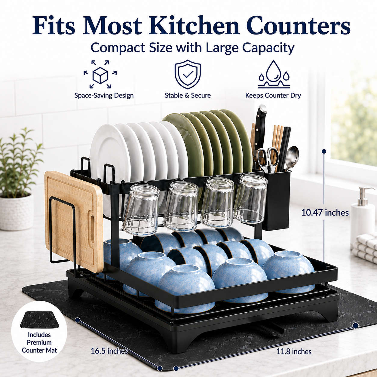 MEHOOM 2-Tier Dish Drying Rack, Dish Rack, Stainless Steel Dish Rack with Auto Drainage System and Absorbent Mat, Dish Drainer for Kitchen Counter