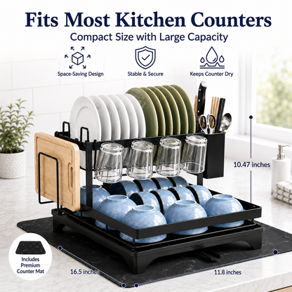 MEHOOM 2-Tier Dish Drying Rack, Dish Rack, Stainless Steel Dish Rack with Auto Drainage System and Absorbent Mat, Dish Drainer for Kitchen Counter