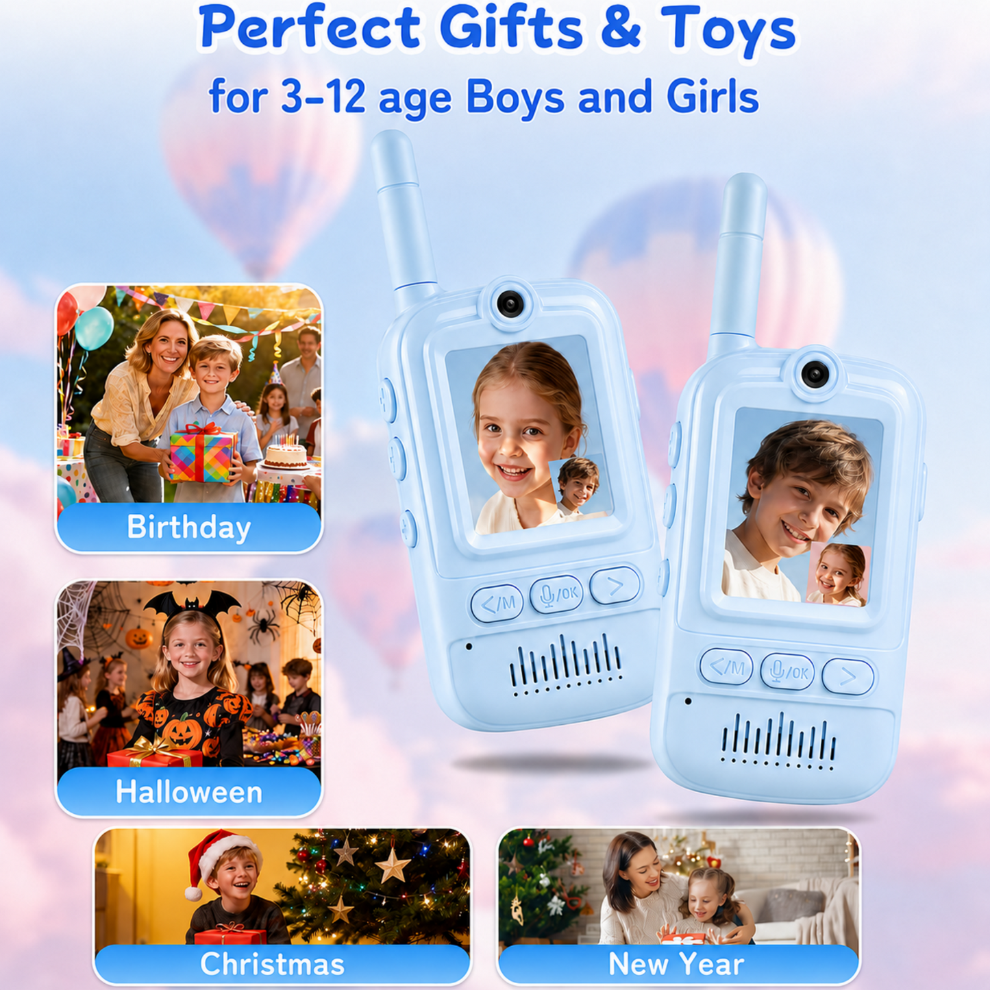 Multifunctional Video Walkie Talkies for Kids, Rechargeable Walkie Talkies with Camera & Message Storage, Long-Range Two-Way Radios for Indoor Outdoor Play, Boys & Girls Ages 3–12 (Blue/Blue)