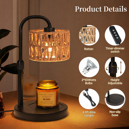 MEHOOM Rattan Candle Warmer Lamp with Dimmer Timer, Adjustable Height Warmer for Jar Candles, Light Brown Lampshade with 2 Bulbs, Home Decor Gifts for Bedroom Living Room