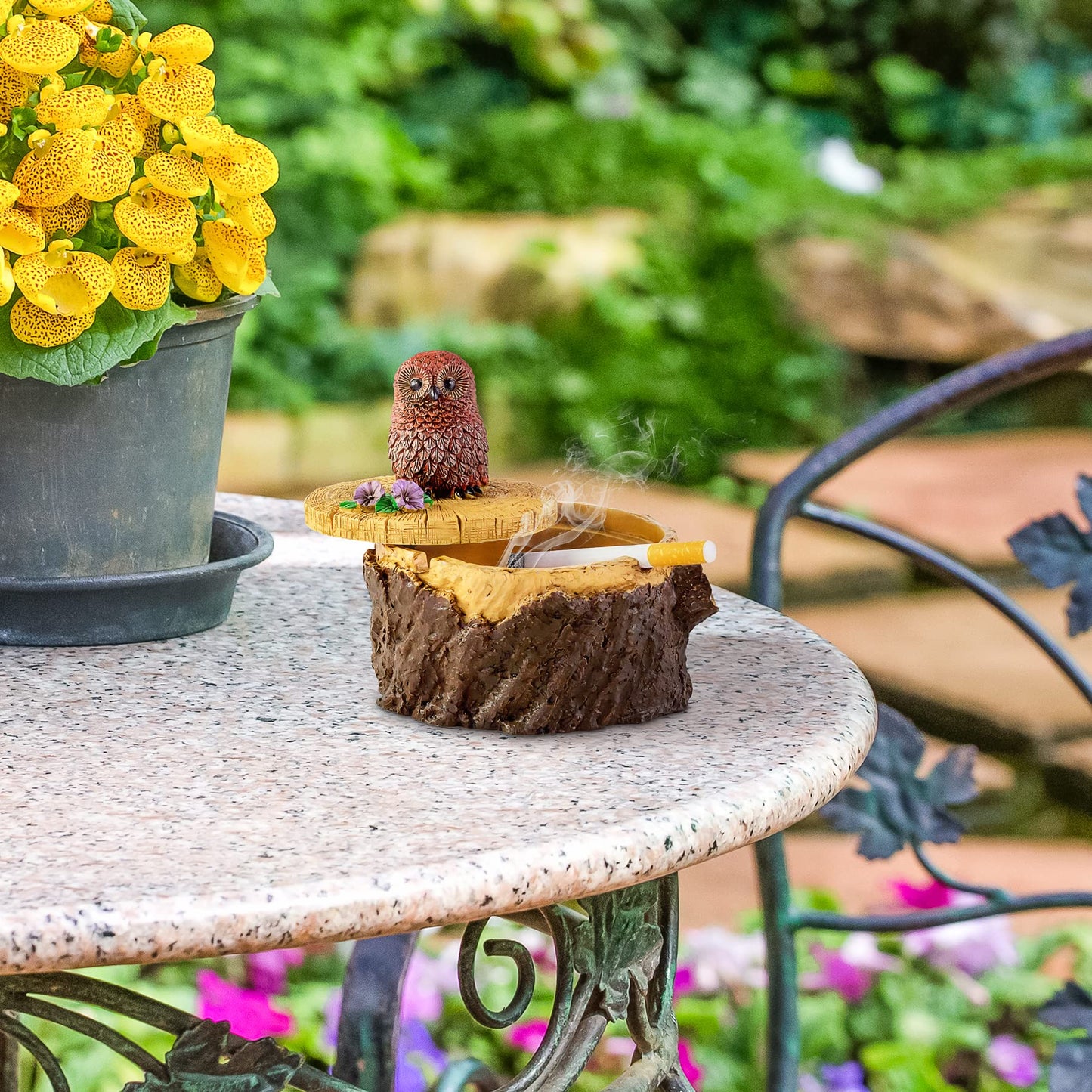 XGVGI Resin Forest Owl Stump Ashtray with Lid, Windproof, Father's Day Gift Ideas