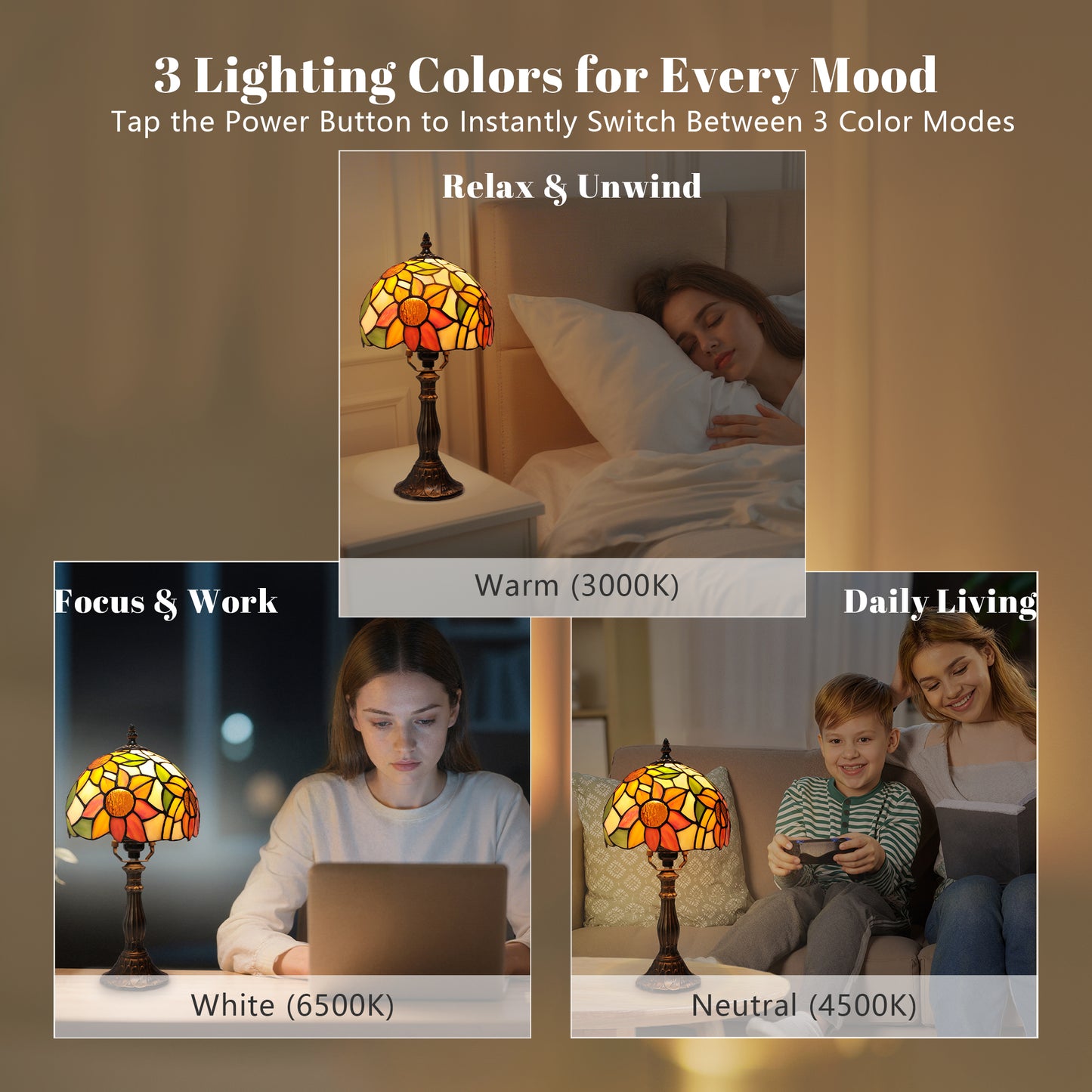 MEHOOM Sunflower Tiffany Style Table Lamp with Stained Glass Lamp Shade, LED 3 Color,Auto Timer Dimmable,Bedroom, Living Room