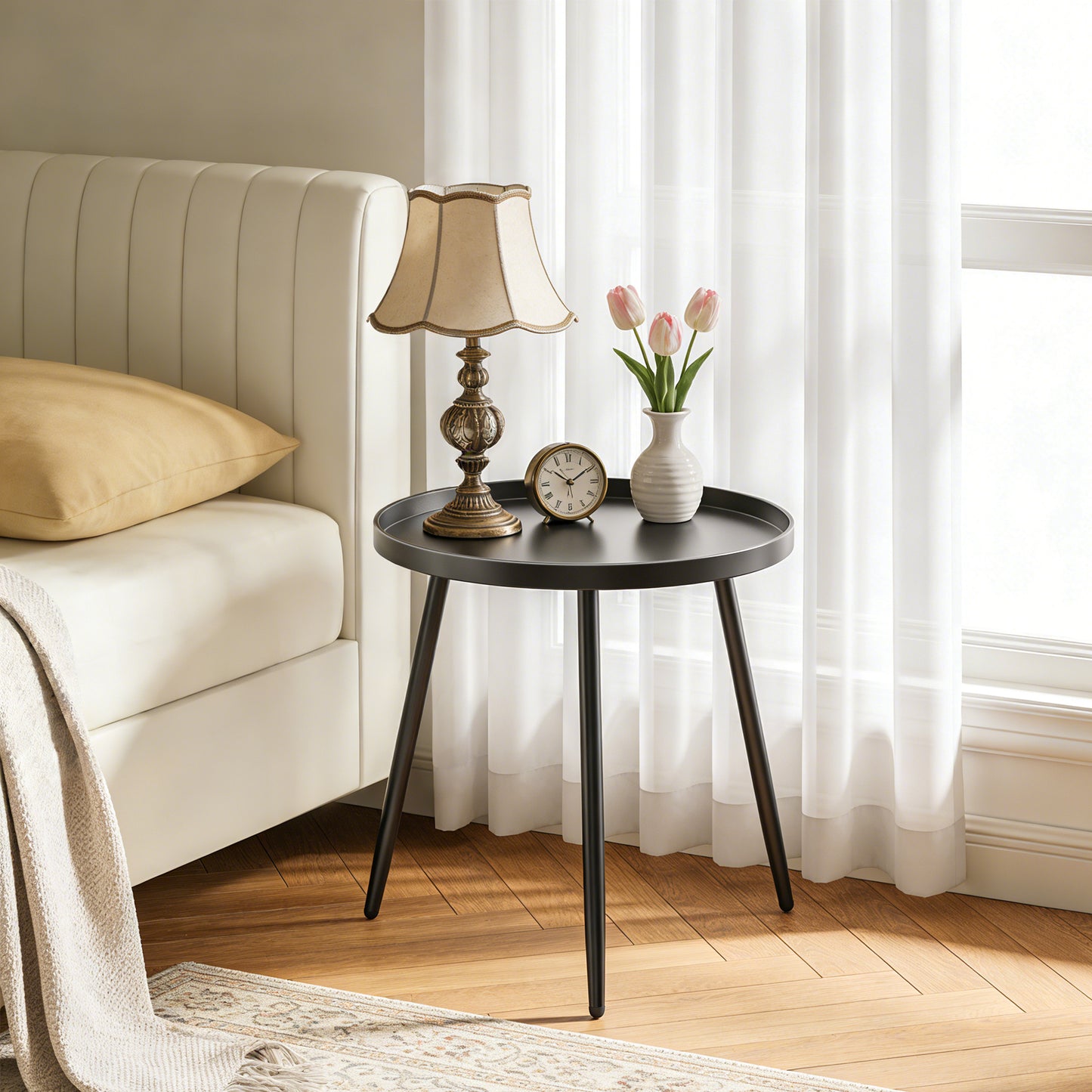 MEHOOM Matte Black Round Side Table, Small Metal End Table for Living Room, Bedroom, Sofa Side & Small Spaces