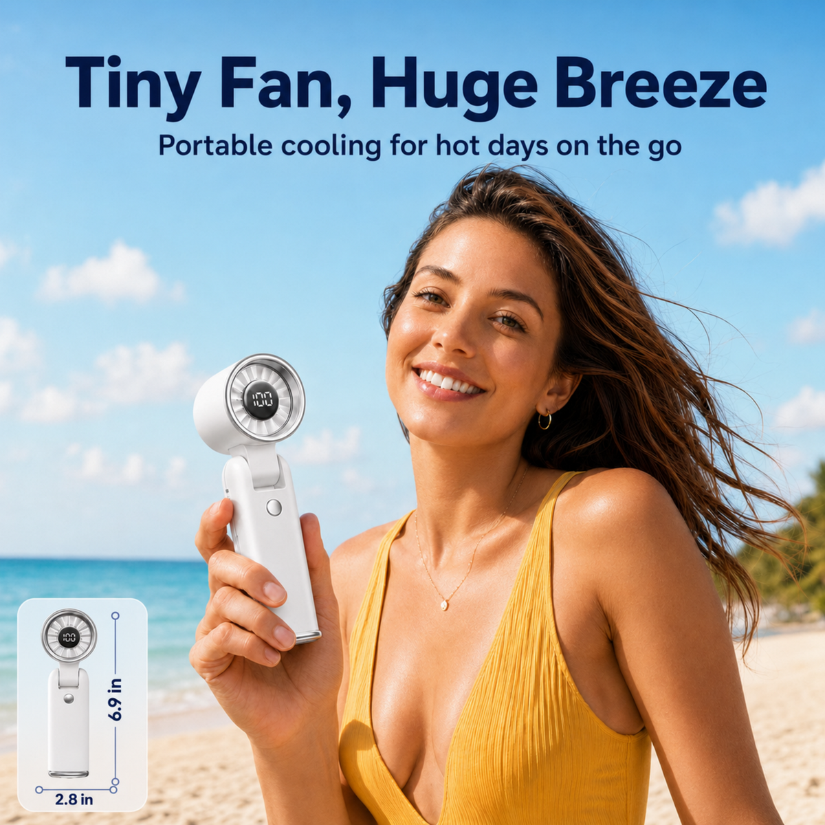 MEHOOM Air Turbo Mini Personal Fan, 3 IN 1 5000mAh Rechargeable Outdoor Portable Fan with Flashlight, 180° Adjustable, 100 Speed, Small Handheld Fan for Outdoor Indoor, Travel, Beach (White)