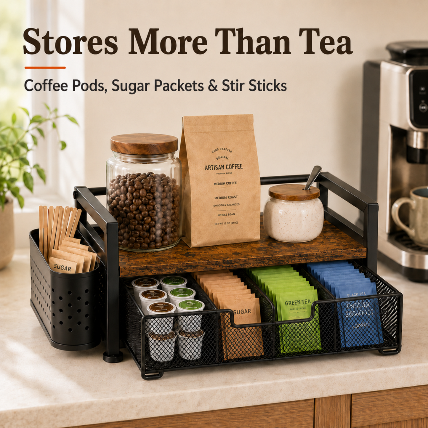 MEHOOM Tea Bag Organizer Kitchen Storage Box, Wood and Metal Tea Holder with Drawer, Countertop Tea Station Chest Display Container, Rustic Brown