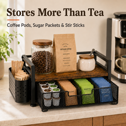 MEHOOM Tea Bag Organizer Kitchen Storage Box, Wood and Metal Tea Holder with Drawer, Countertop Tea Station Chest Display Container, Rustic Brown