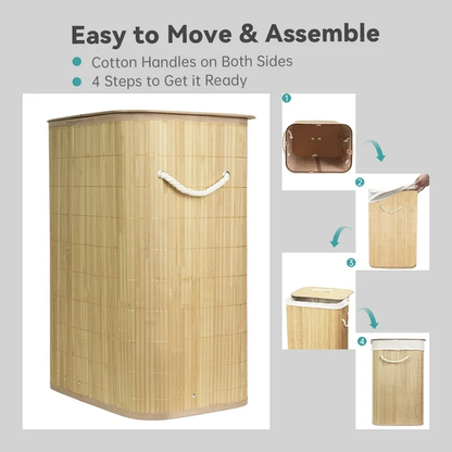 MEHOOM Bamboo Laundry Hamper with Lid, 80L Foldable Laundry Basket with Handles and Removable Liner Bag for Bedroom and Laundry Room