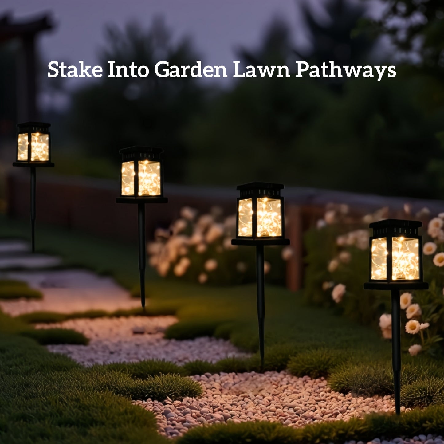 MEHOOM Outdoor Solar Lanterns 4 Pack, Waterproof Hanging Lights with Ground Stake, Retro Palace Design Warm White LED Solar Lights for Patio, Garden, Yard, Tabletop & Landscape Decor
