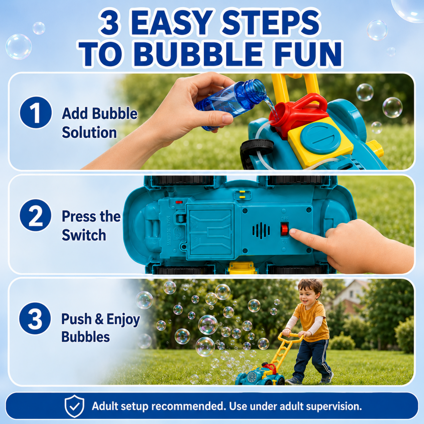 MEHOOM Light Bubble Machine for Kids, Bubbles Lawn Mower with 12 Refill Packs, Outdoor Auto Bubble Blowing Toy with for Toddlers Boys Girls Age 3-10,Blue