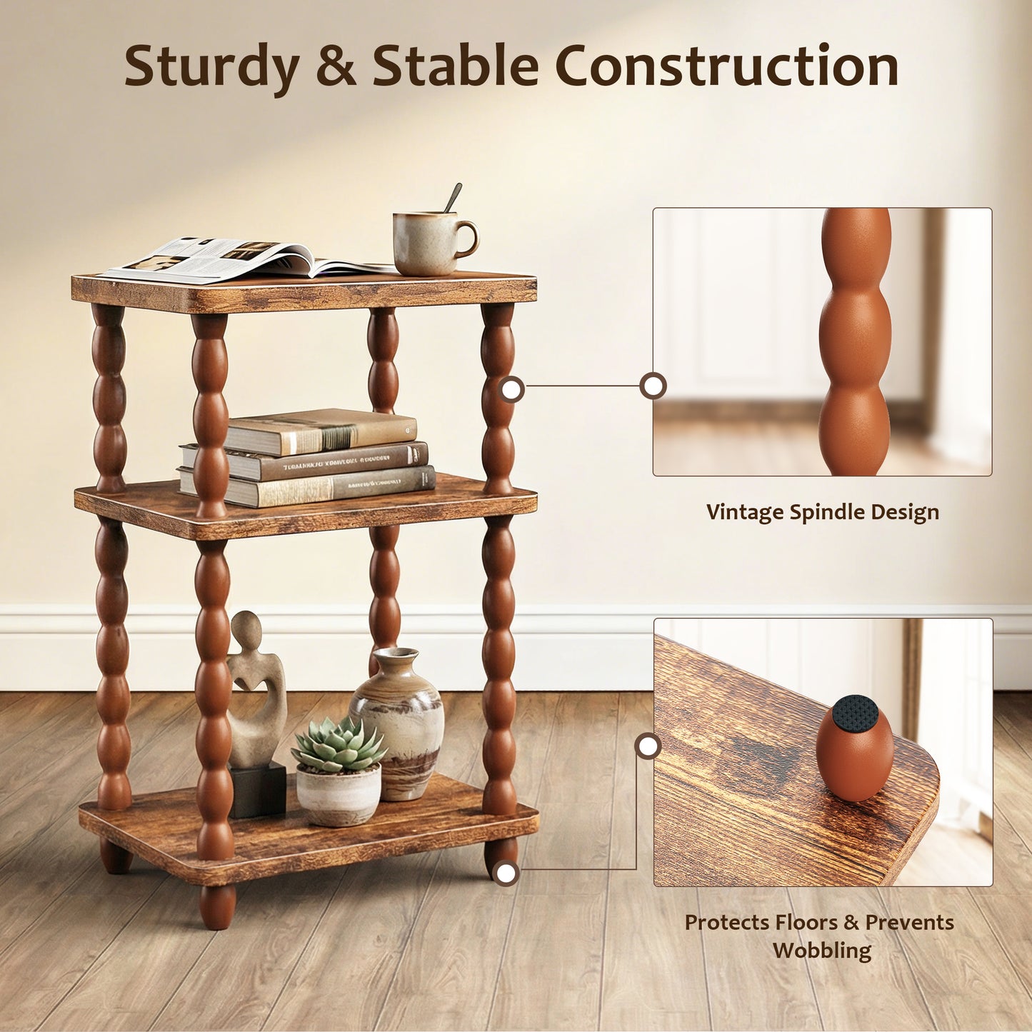 MEHOOM 3-Tier Side Table, Nightstand with Storage, Vintage Accent Table Small End Table for Living Room and Bedroom