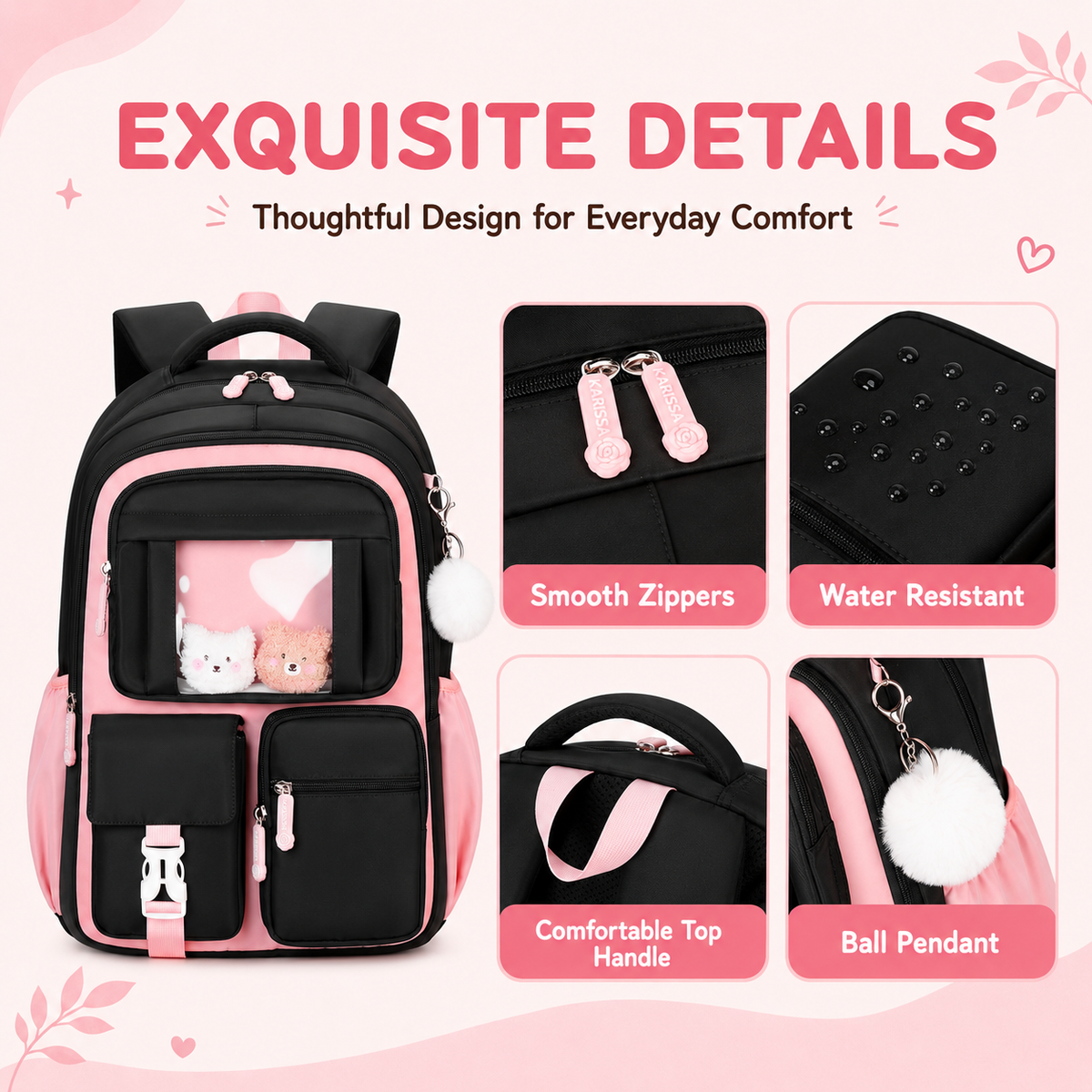 MEHOOM Girls Backpack for School, Kids Bookbag for Girls, Kawaii School Bag with Clear Display Pocket, Large Capacity Elementary Middle School Backpack, Black Pink