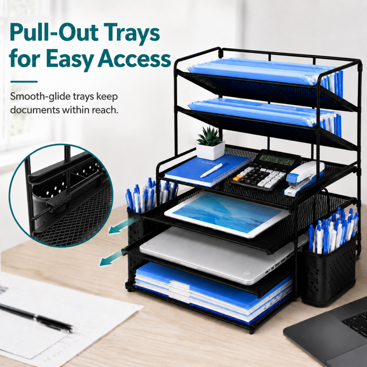 MEHOOM 6-Tier Desk Organizer, Metal File Organizer with Letter Tray Paper Organizer, Desktop Document & Mail Organizer, Office Supplies Organizer with 2 Pen Holders, Office Desk Accessories for Home,